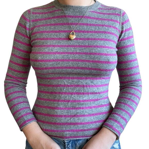 Garnet Hill Womens 100% Cashmere Pink Gray Striped Crewneck Sweater Sz XS - Picture 8 of 8